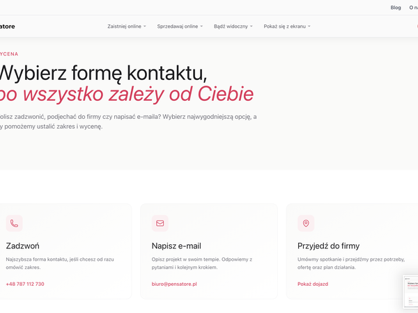 Sekcja kontaktu na stronie pensatore.pl